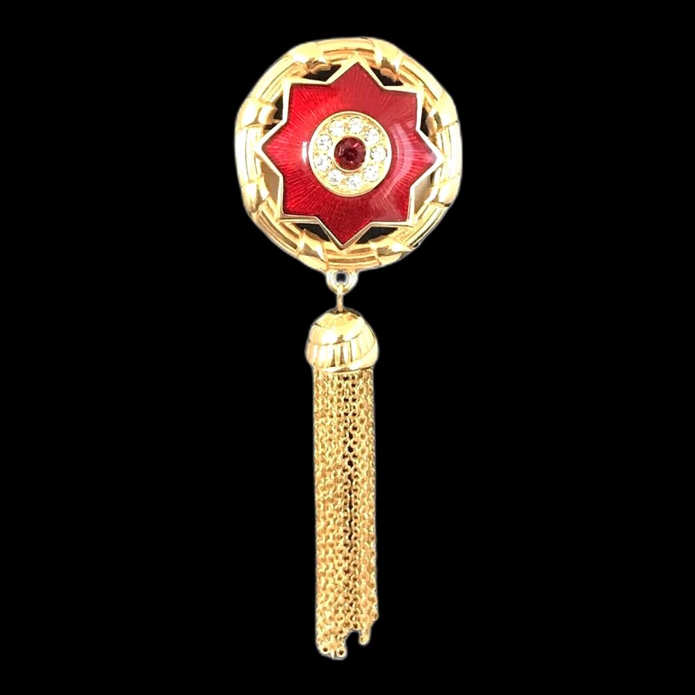 Swan Signed Swarovski Brooch Gold Tone Red Enamel Star Crystal Tassel - 1T